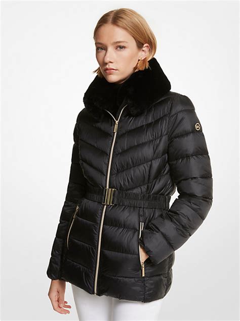 Faux Shearling Trim Quilted Puffer Jacket 